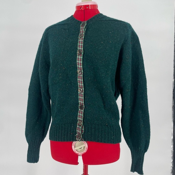 Vintage Orvis Wool Cardigan Forest Green With Contrasting Plaid Trim - Picture 6 of 9